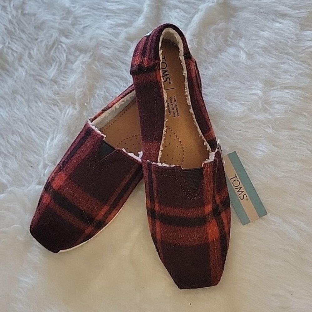 TOMS Belmont Red Black Buffalo Wool Plaid Faux Fur Lined Winter Holiday‎ Shoes 9